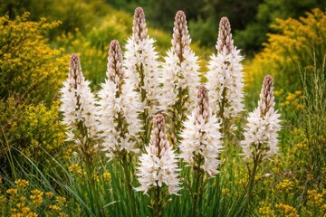 Obraz premium White Flowering Plants Growing in a Lush Green Field in Soft Natural Light
