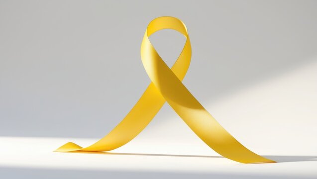 Top view of a yellow ribbon on white background, symbolizing Cancer awareness.