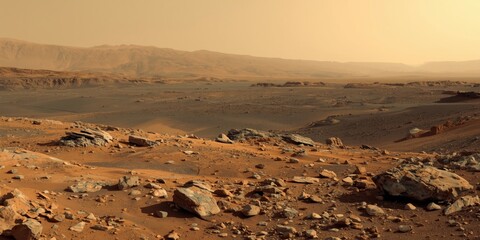 Obraz premium Martian landscape with rocks and dusty terrain under orange sky