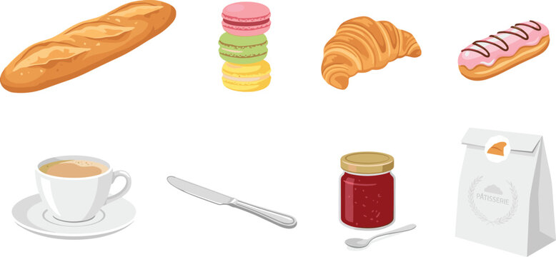 Gourmet French Bakery Pastry Vector Icon Set with Crusty Baguette Macarons Croissant Strawberry Eclair Coffee Jam and Paper Takeout Bag