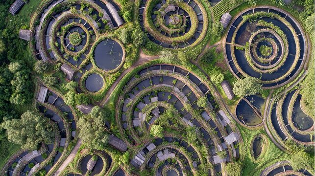 Aerial drone view of a well-organized snail farm in the countryside, showcasing sustainable agriculture, structured farming operations, and detailed rural business infrastructure.
