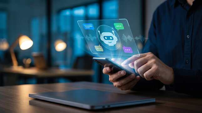 Man interacting with AI chatbot virtual assistant hologram on smartphone in office at night