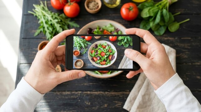 Hands Taking Smartphone Photo of Fresh Healthy Salad on Dark Wooden Table