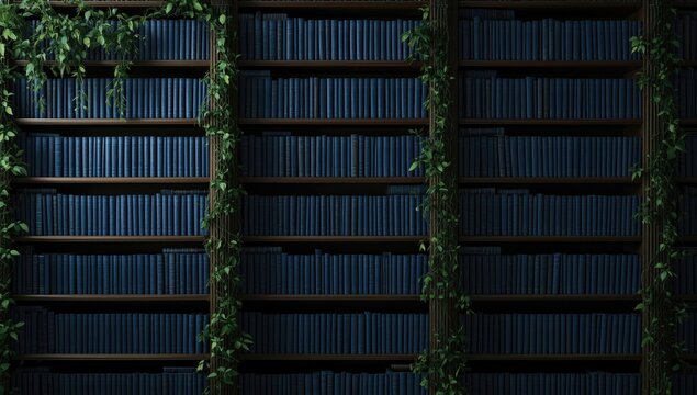 Bookshelf with Blue Books and Green Vines in Dim Light