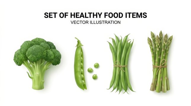 Set of Realistic Healthy Green Vegetables Vector Illustration