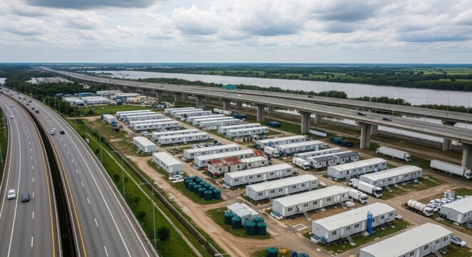 Extensive temporary housing camp set up for flood evacuees near highway and river