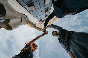 A diverse business team stands outdoors and joins hands above their heads in a team gesture.
