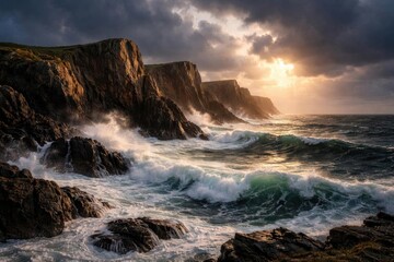 Fototapeta premium Crashing Waves Against Rugged Cliffs at Sunset with Dramatic Clouds