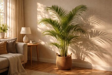 Fototapeta premium Tropical Palm Plant in a Cozy Living Room Bathed in Soft Light