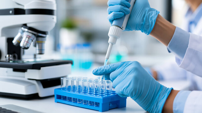 Faceless medical research scientist hands pipetting into microplate reader in clean white laboratory, biomedical research concept, laboratory photography, blurred white lab