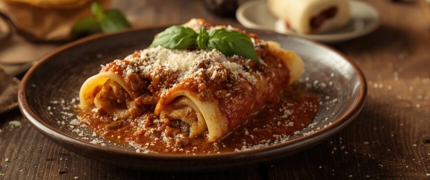 Delicious Baked Cannelloni with Marinara Sauce and Fresh Basil on Rustic Table