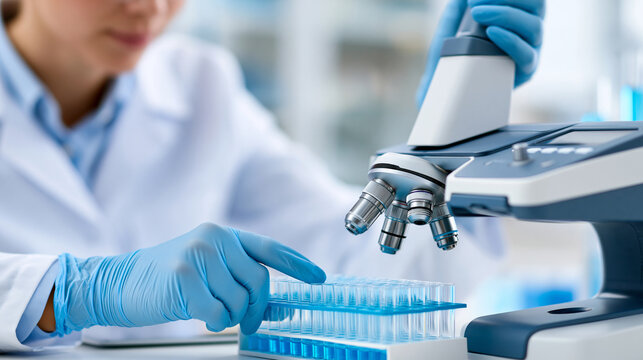 Faceless medical research scientist hands pipetting into microplate reader in clean white laboratory, biomedical research concept, laboratory photography, blurred white lab