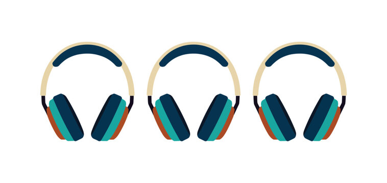 Retro wireless headphones vector in flat cartoon style featuring vintage audio devices for music and entertainment design.