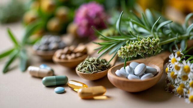 Collection of natural herbal remedies and supplements on beige background as wellness and alternative health concept with assorted botanicals and capsules in clean flat lay,
