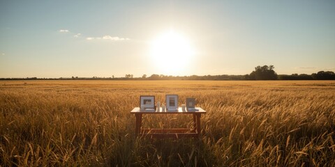 Fototapeta premium Table with Picture Frames in a Wheat Field at Sunset with Golden Light