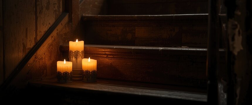 Candles Glowing on Stairs in Dim Light with Rustic Wood Background