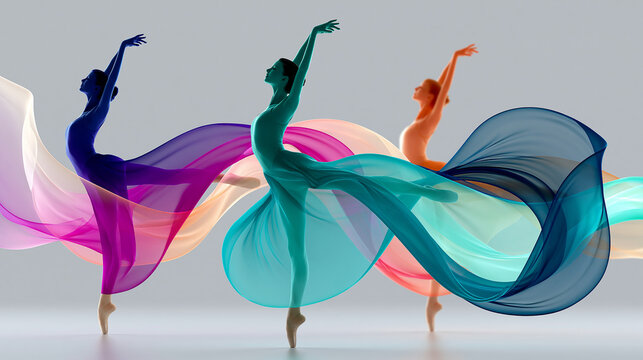 Graceful ballet dancer silhouette design with flowing vibrant colors for studio branding, performing arts identity concept, dance logo photography, blurred neutral background ,
