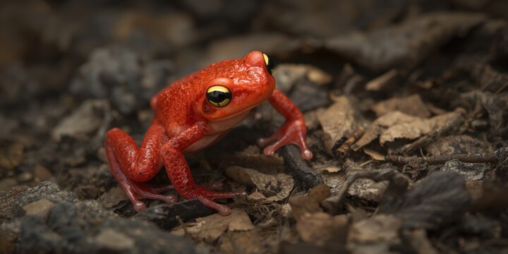 Red Frog Sitting on Dry Leaves in a Forest Setting