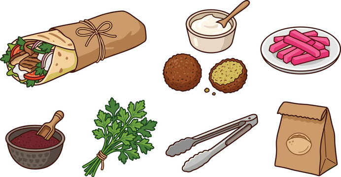 Mediterranean Shawarma Wrap and Crispy Falafel Set with Garlic Dip, Sumac, Pickles, Parsley, and Takeaway Bag Vectors