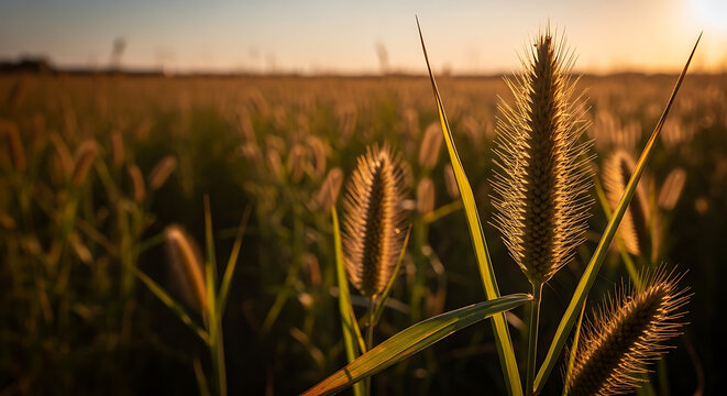 Close up of golden foxtail grass seed heads glowing in the warm sunset light in a vast meadow during the late summer evening atmosphere
