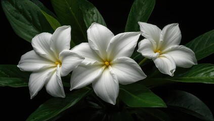 Fototapeta premium White Tropical Flowers in Bloom - Dark Background, Close-Up, Elegant Detail