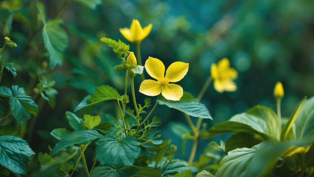 Yellow flowers and leaves of the bitter melon plant. Nature background. Plant background.