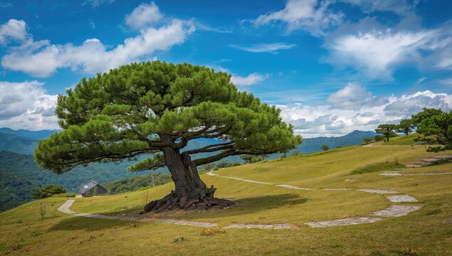 Lone Pine Tree on a Scenic Hilltop with Cloudy Blue Sky