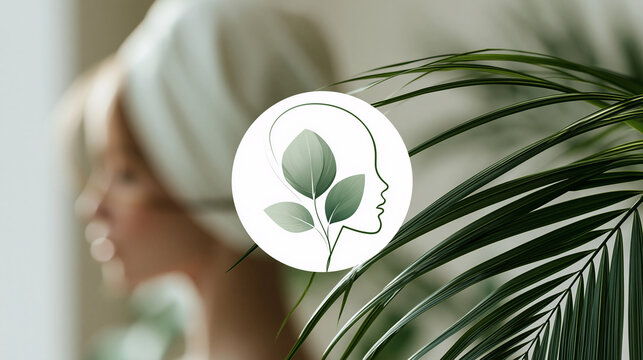 Minimalist spa logo design with abstract feminine profile and natural leaf elements on clean background, beauty wellness branding concept, logo photography, blurred neutral