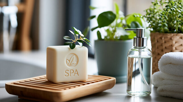 Rectangular off-white bar of spa soap with embossed leaf logo and spa text on wooden slatted dish next to window creating tranquil bathroom setting, spa product concept,