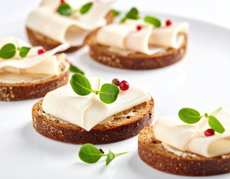 Thinly sliced cured meat on dark bread rounds, garnished with greens and peppercorns