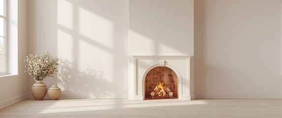 Obraz premium Cozy Fireplace with Burning Fire in Minimalist Living Room Interior Lighting