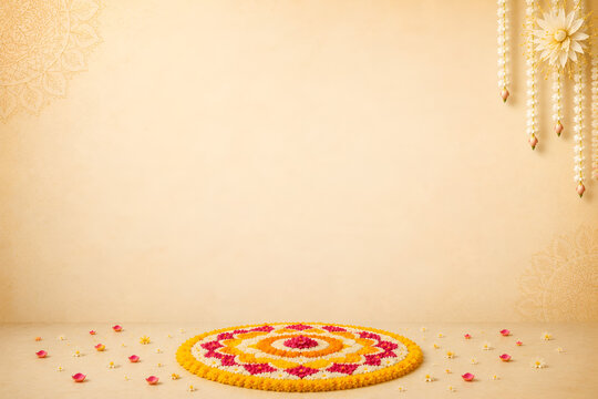 Premium Onam Pookalam Background with Elegant Floral Rangoli and Large Copy Space