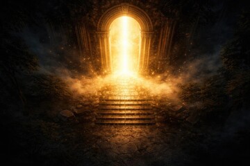 Obraz premium Mysterious Gateway Opening with Magical Light in a Dark Forest Pathway