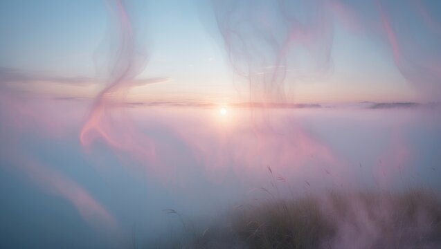 Sunrise, Misty Morning captured with slow shutter speed and long exposure. Soft focus effect. Digital art style and concept art approach.