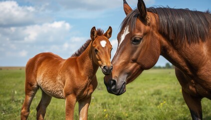 Obraz premium Mother Horse and Foal Together - Green Meadow, Bright Daylight, Warm Colors