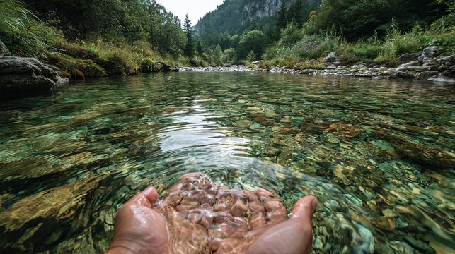 Crystal-clear river flowing through pristine nature, with hands holding fresh water, symbolizing conservation, sustainability, and the value of clean natural resources.