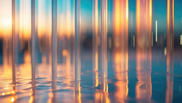 Smooth translucent plastic surface. A broad polycarbonate sheet featuring parallel stiffeners inside, the sheet has a slight bluish tint. For objects that are nearly identical.