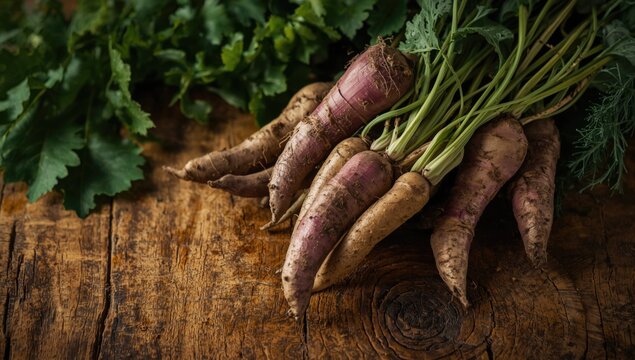 Whole malanga edible tubers on rustic wooden surface with greenery