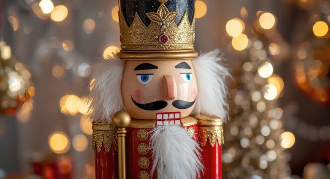 Nutcracker Figurine Decorated for Christmas with Blurred Lights in Background
