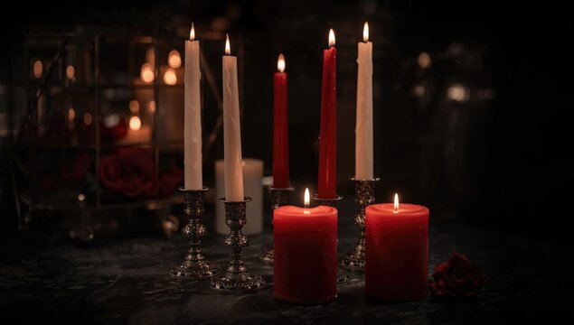Candles in Silver Holders with Red Roses in Dim Light Setting