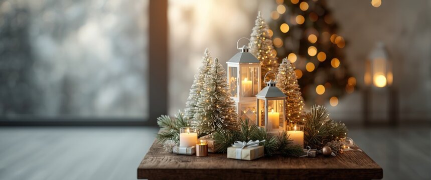 Festive Christmas Decoration with Lanterns Trees and Candles on Wooden Table