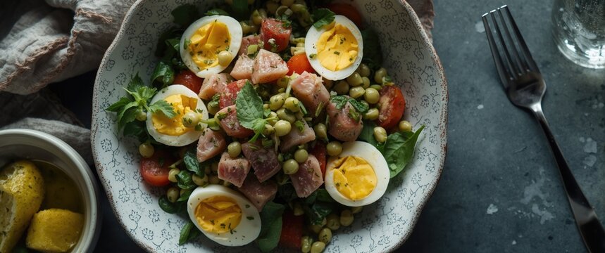 Fresh Salad with Eggs and Peas in Bowl on Dark Table