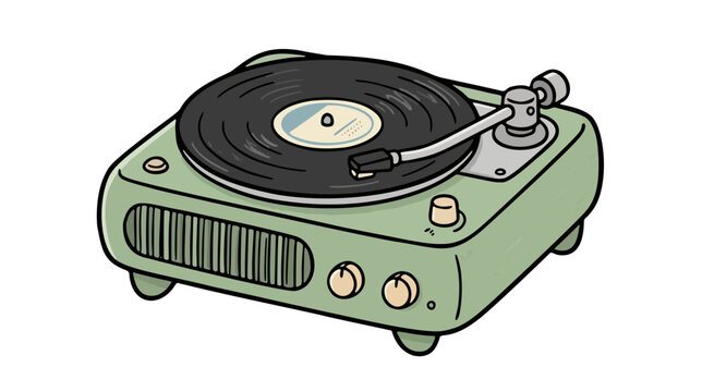 Vintage green vinyl record player turntable with retro style design sticker vector illustration