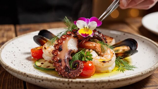 A delicious plate of grilled seafood served on a rustic table