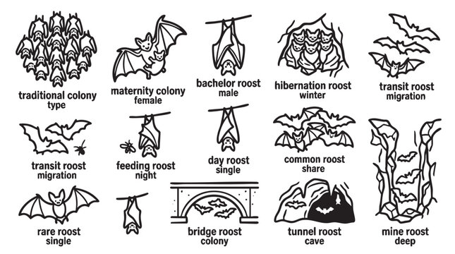 Set of bat roosting behavior and habitat icons representing diverse wildlife colony types.