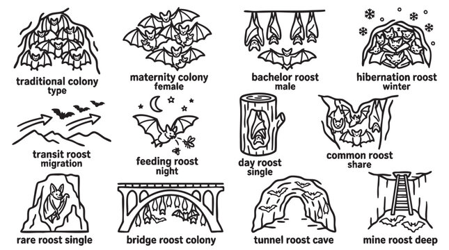 Set of bat roosting behavior and habitat icons representing diverse wildlife colony types.