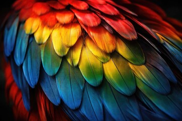 Obraz premium Colorful Feathers of a Parrot in Closeup with Vibrant Rainbow Palette
