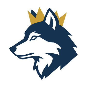 Regal wolf head profile wearing a stylized crown in a bold flat design with deep navy blue and gold colors on a white background, leadership and power concept