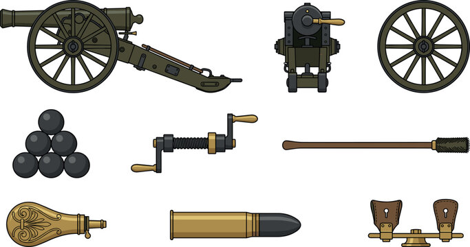 Antique Field Cannon Clipart Set Featuring Vintage Artillery Weapon Cannonballs Powder Flask Cartridge Sponge Rammer and Mechanism Component Vectors