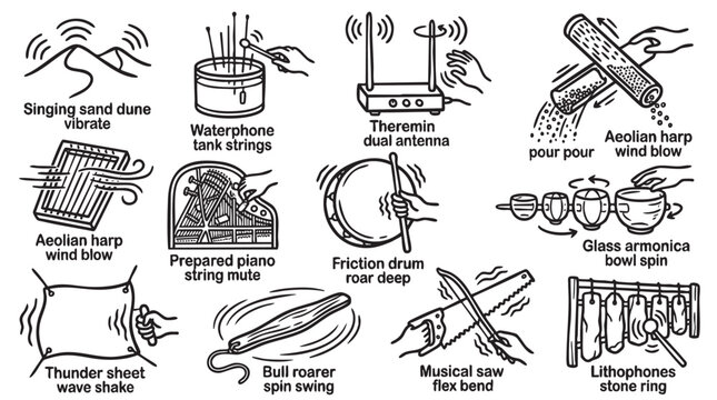 Set of unique musical instruments and experimental sound creation methods icons.